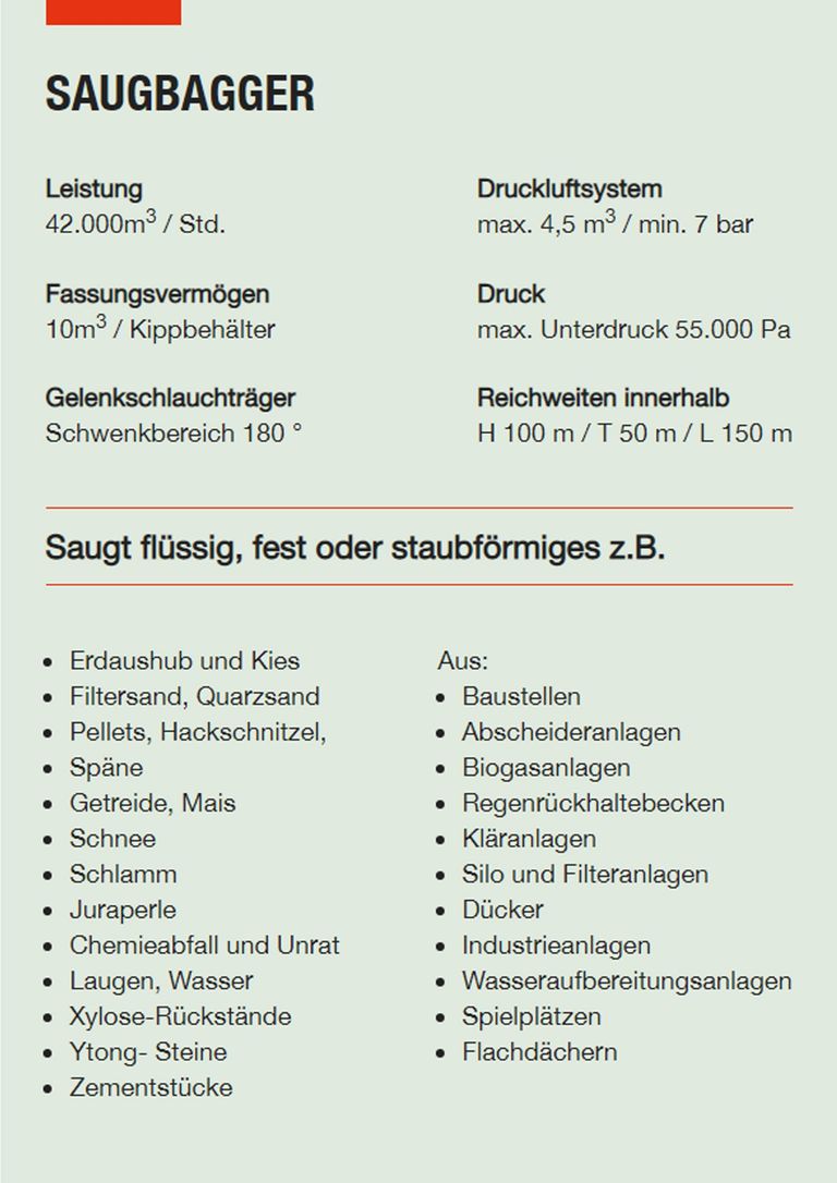 Saugbagger Bendorf - Technische Daten Saugbagger